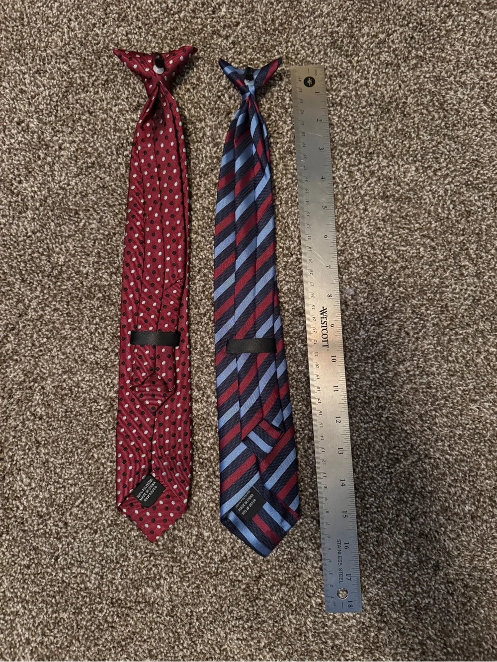 2 Clip On Neckties-Never Worn-Red Patterned and Blue-Red Striped